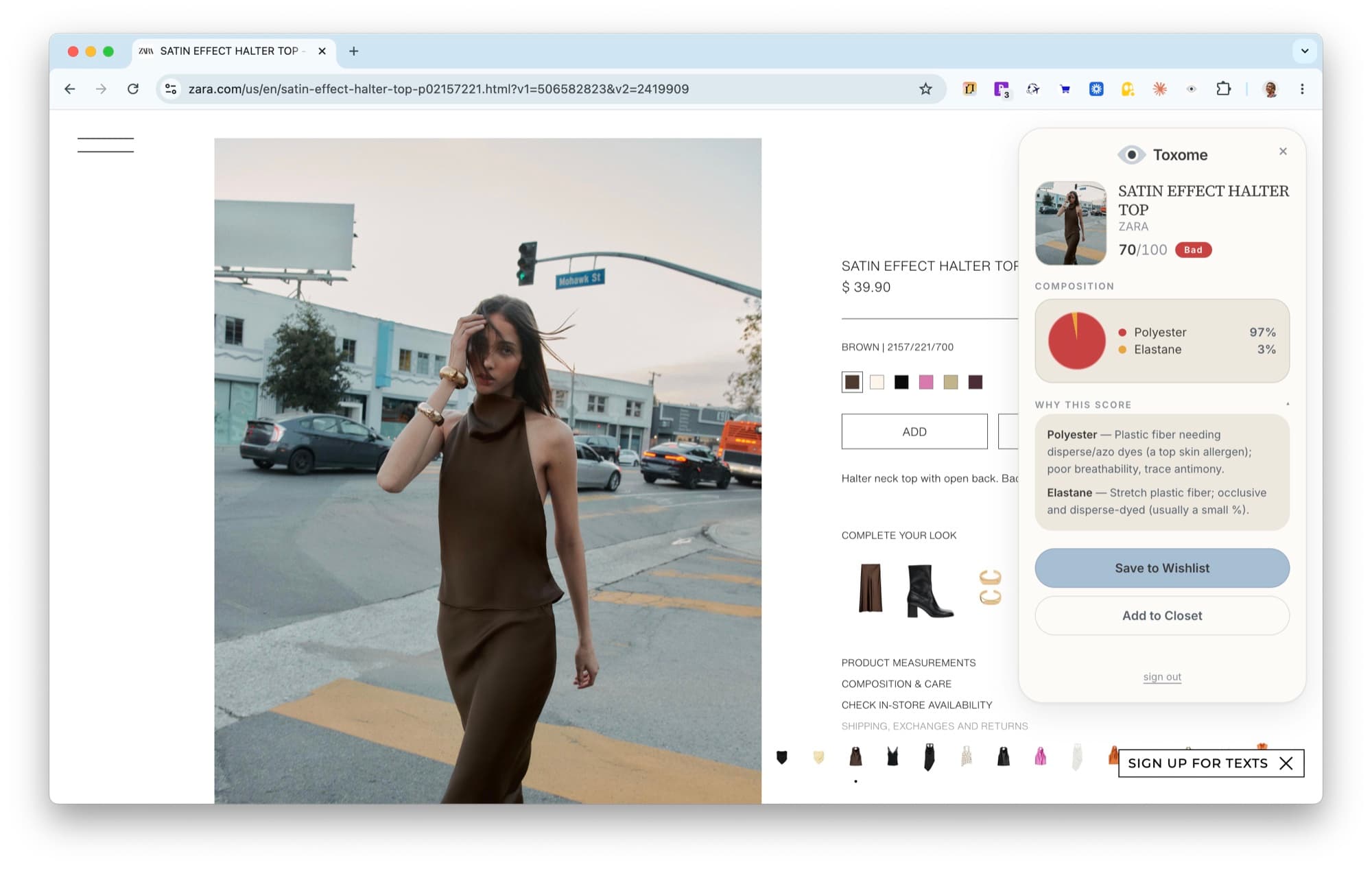 The Toxome extension card open on a Zara product page, showing a 70/100 'Bad' rating, a 97% polyester / 3% elastane composition breakdown, why-this-score notes, and Save to Wishlist and Add to Closet buttons.