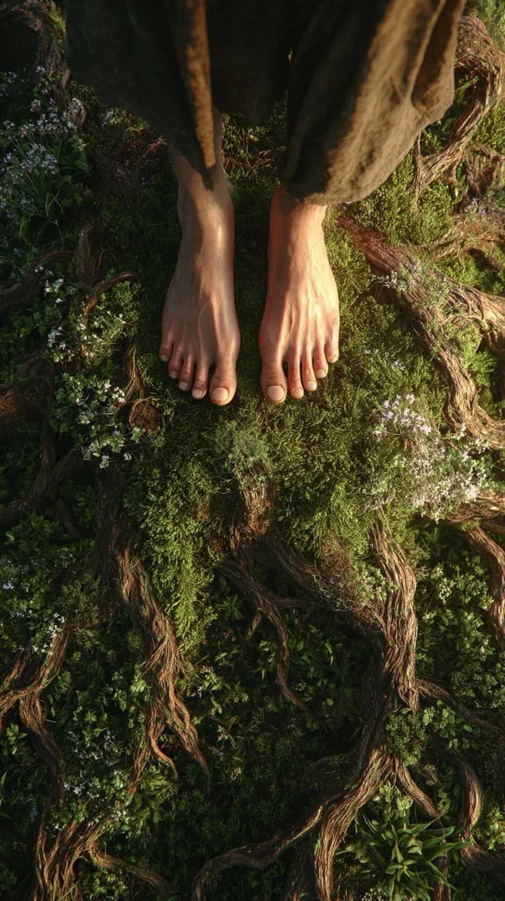 A pair of bare feet standing on moss and tree roots, photographed from above in low golden light.