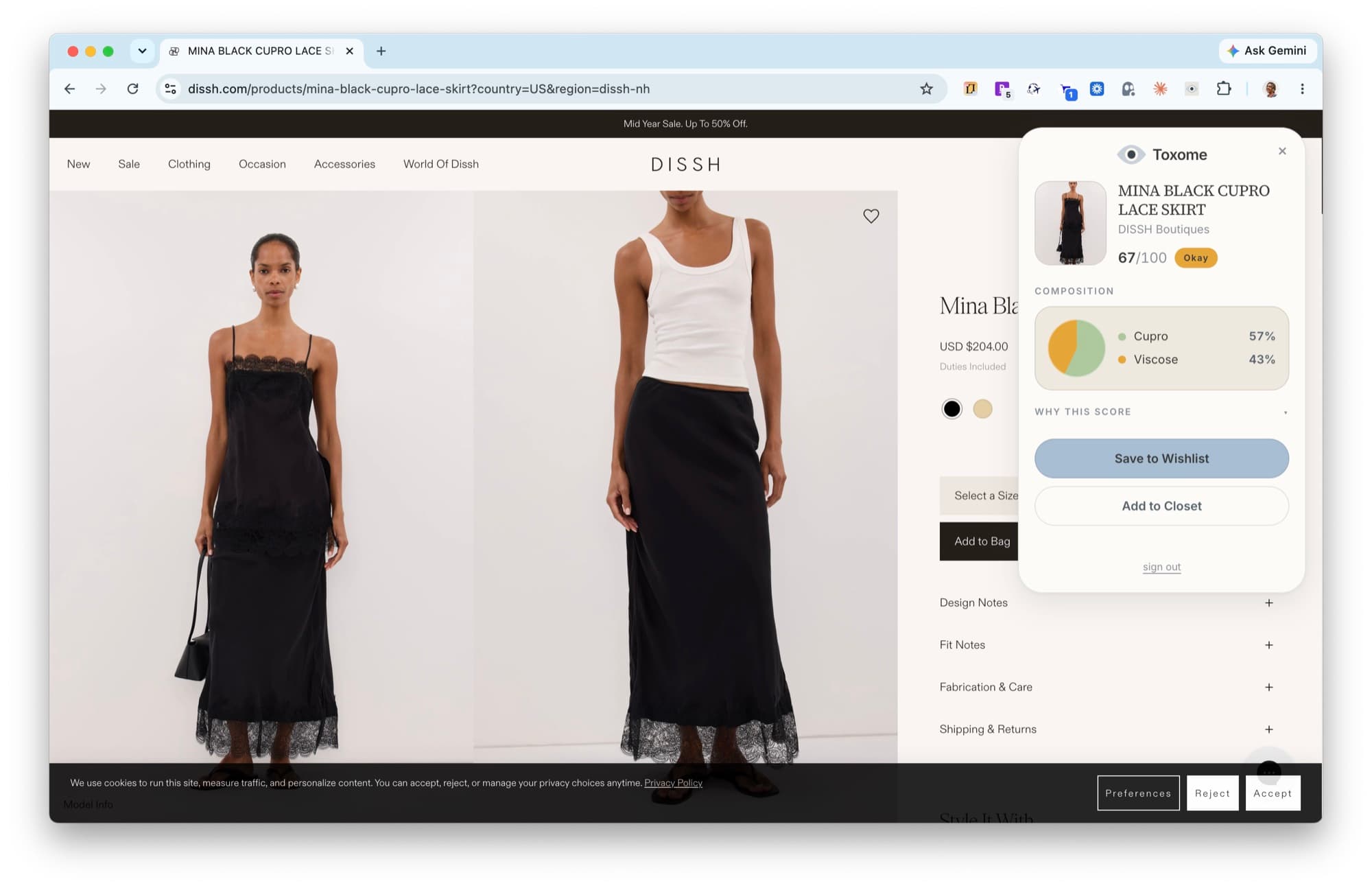 The Toxome Chrome extension open on a DISSH clothing product page, showing a 67/100 'Okay' health rating, a 57% cupro / 43% viscose fiber composition breakdown, why-this-score notes, and Save to Wishlist and Add to Closet buttons.