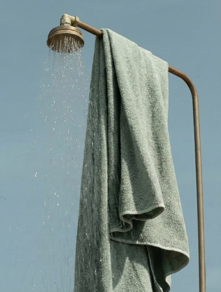 A sage green cotton towel hung over the brass arm of an outdoor shower, water running from the shower head against a clear sky.