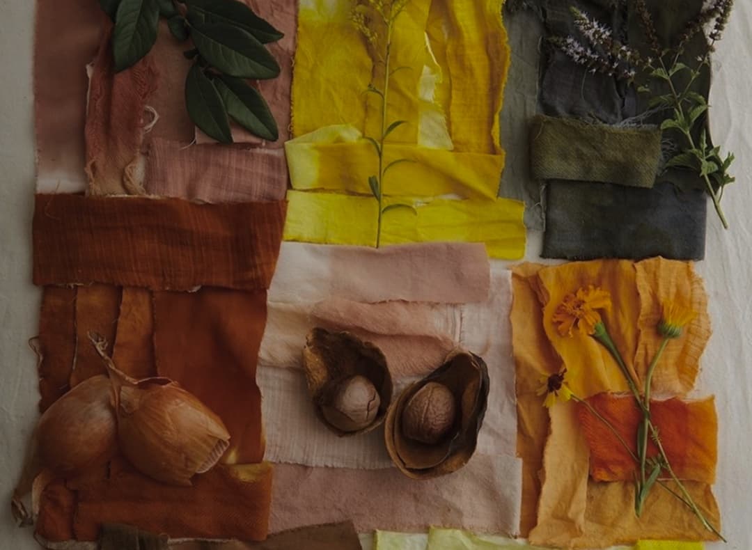 A grid of naturally dyed fabric swatches laid on cream linen in shades of dusty rose, rust, yellow, olive and marigold, with whole onions, avocado pits and sprigs of herbs resting on top.