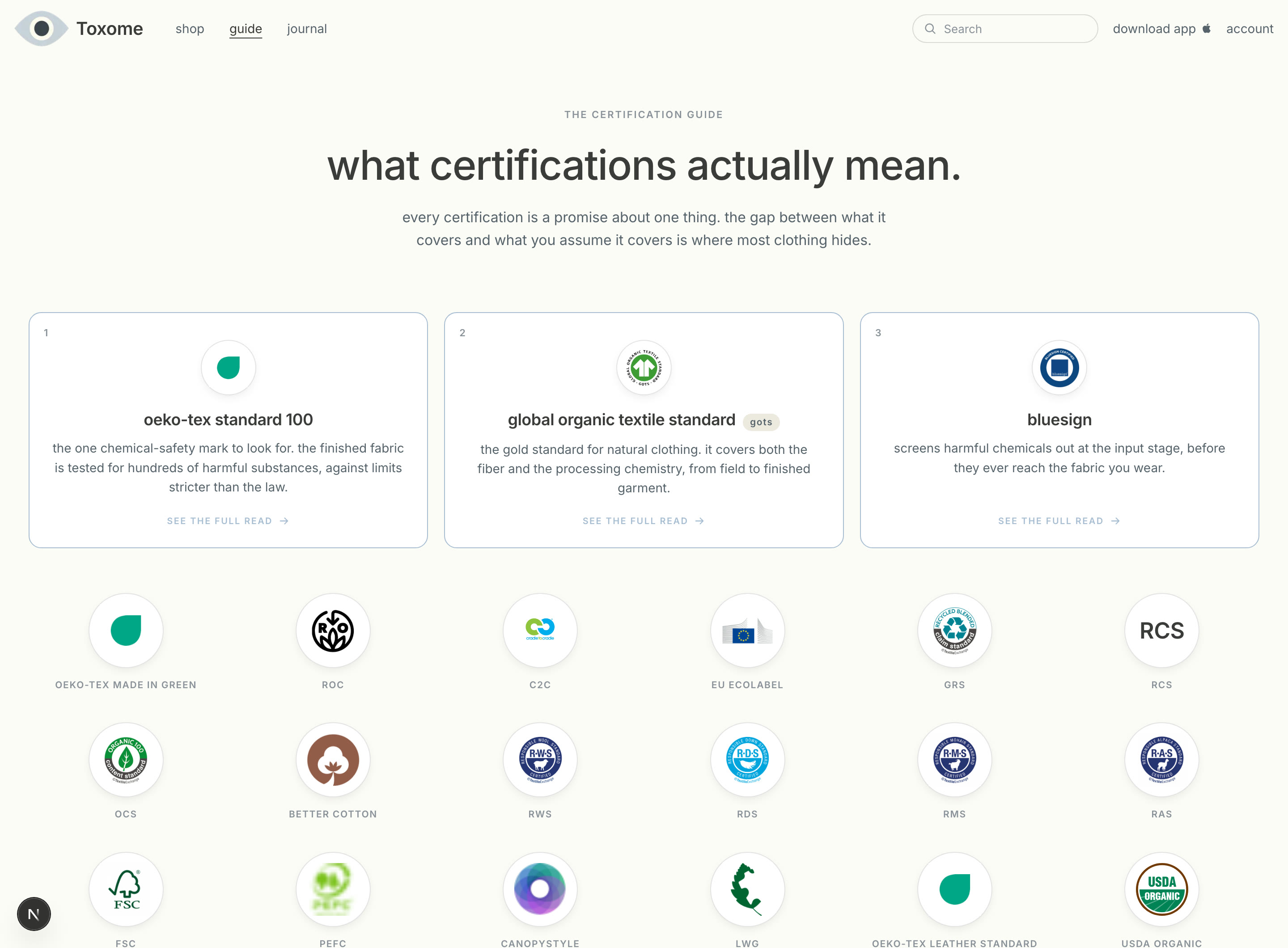 The Toxome certification guide, with OEKO-TEX Standard 100, GOTS, and bluesign featured above a grid of textile certification seals.